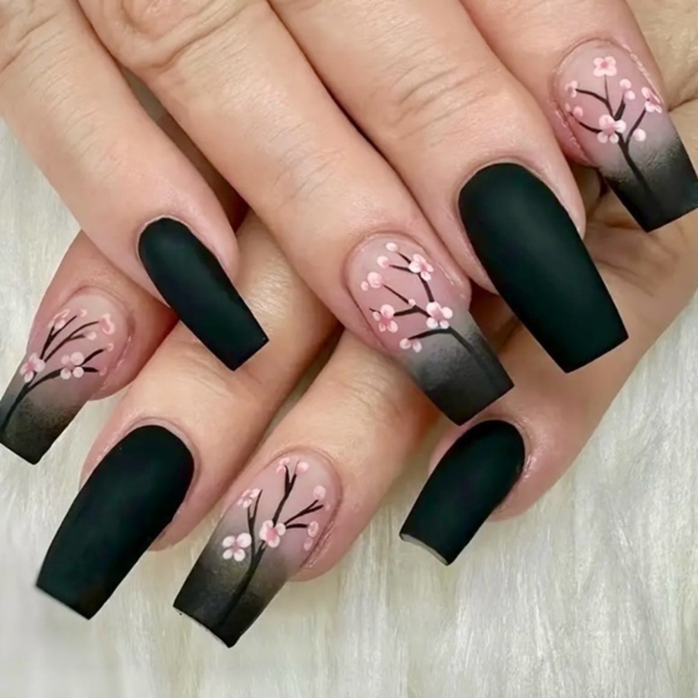 Black & Pink Flower Press On Nails NWT